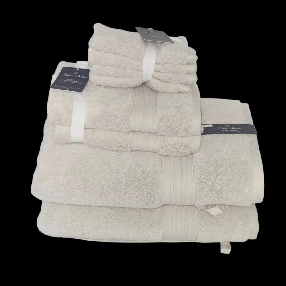 Brooks Brothers 8pc Sand Greige Cotton‎ Towel Set 2 Bath 2 Hand 4 Washcloths